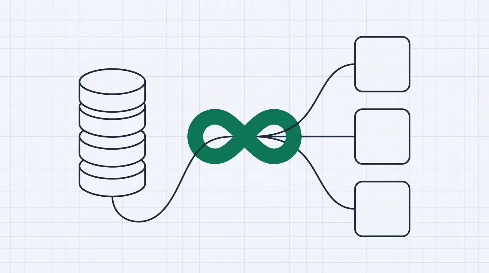 A stack of coins on the left joined by a central knot to three platform tiles on the right, one thread threading payments through the knot to each platform.