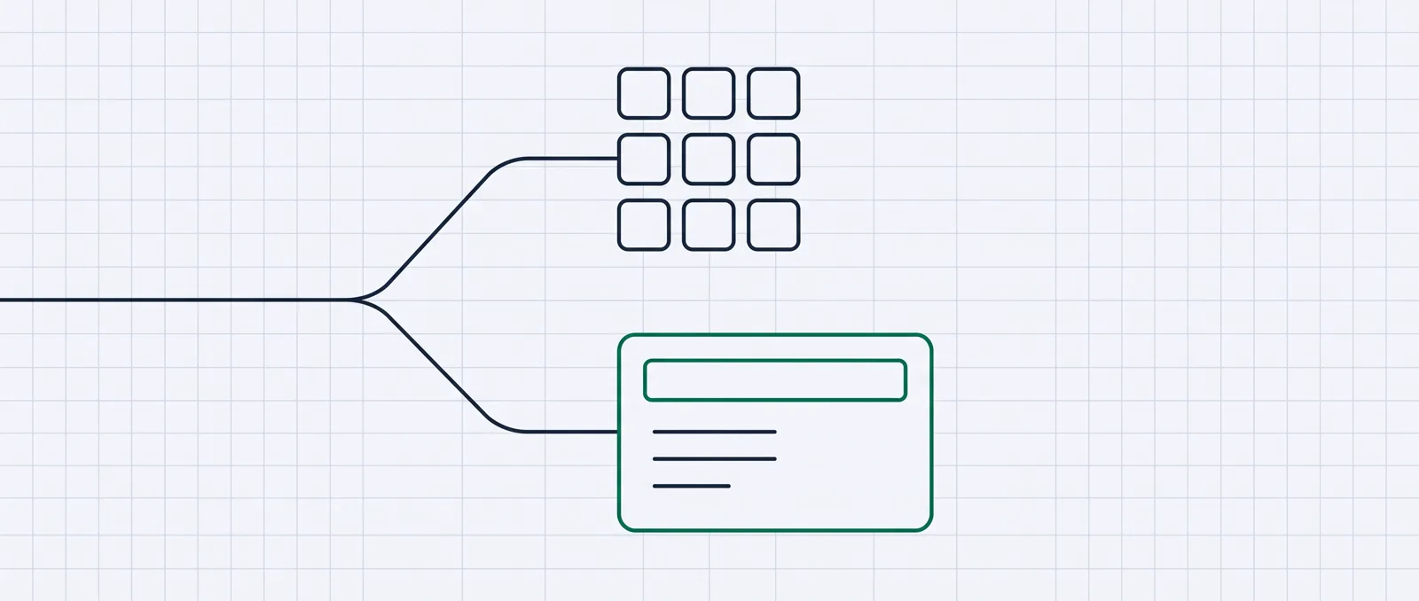 A path forking into two: one branch to a grid of nine control-panel tiles, the other to a single clean landing page outlined in green.