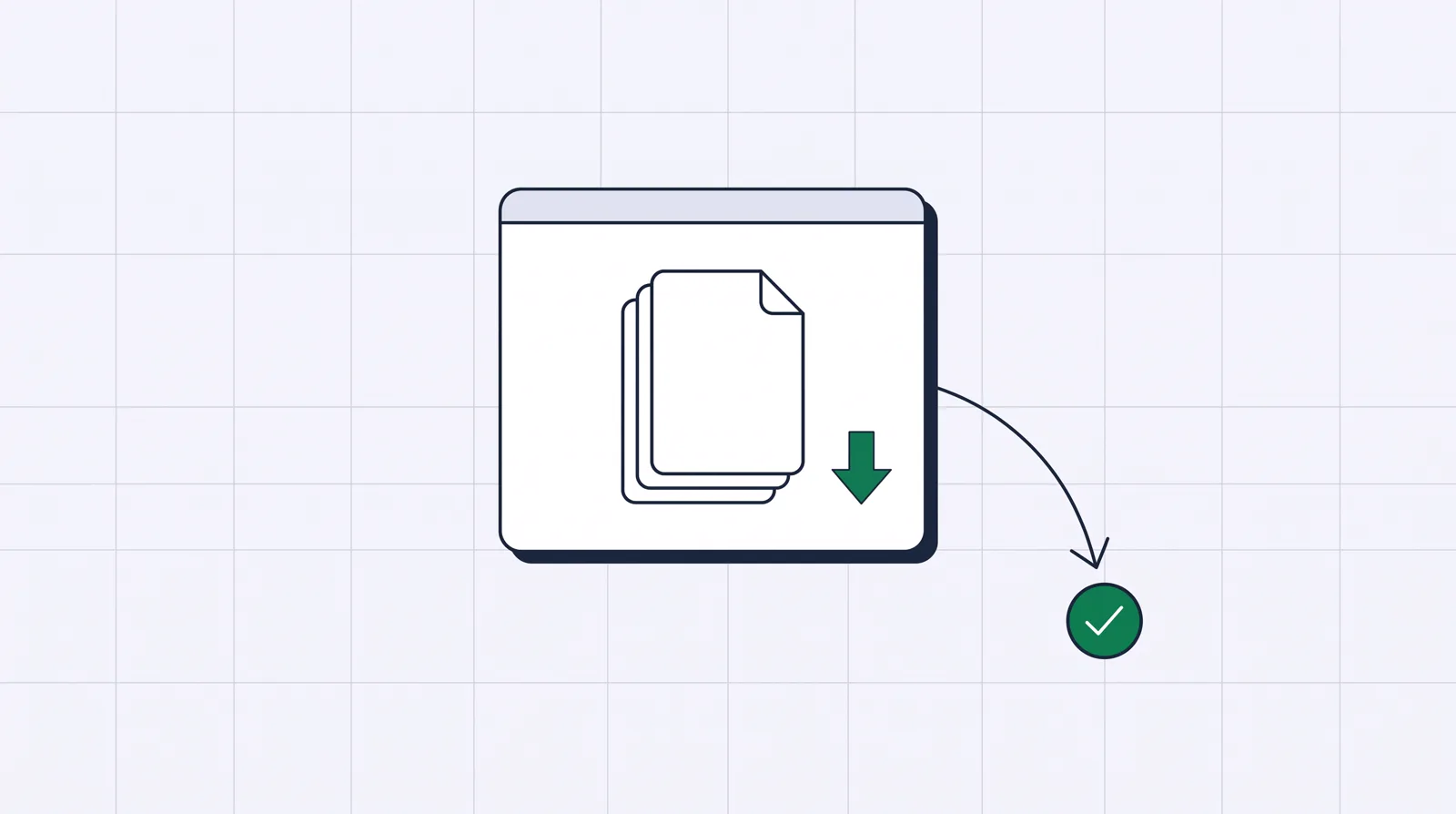 A simple digital storefront card holding downloadable files, with an arrow to a completed-payment checkmark, illustrating how quickly a creator can list a product and get paid on Gumroad