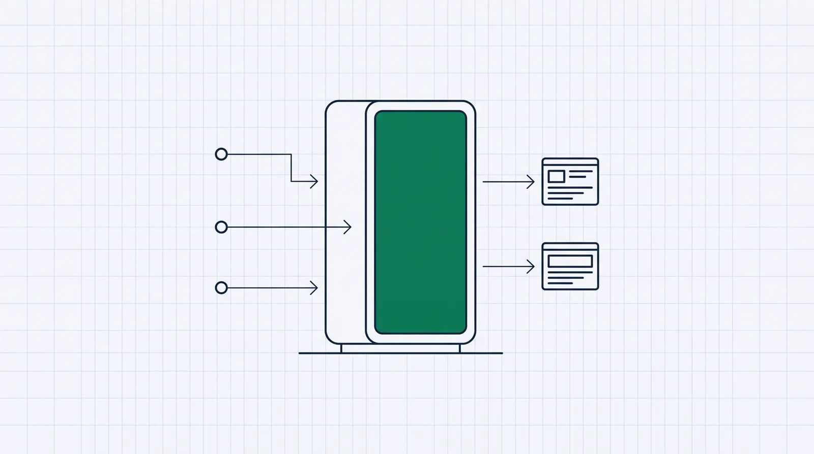 A self-hosted tracker drawn as a server you own: traffic sources feed into it on the left, and it routes visitors out to different landing pages on the right.