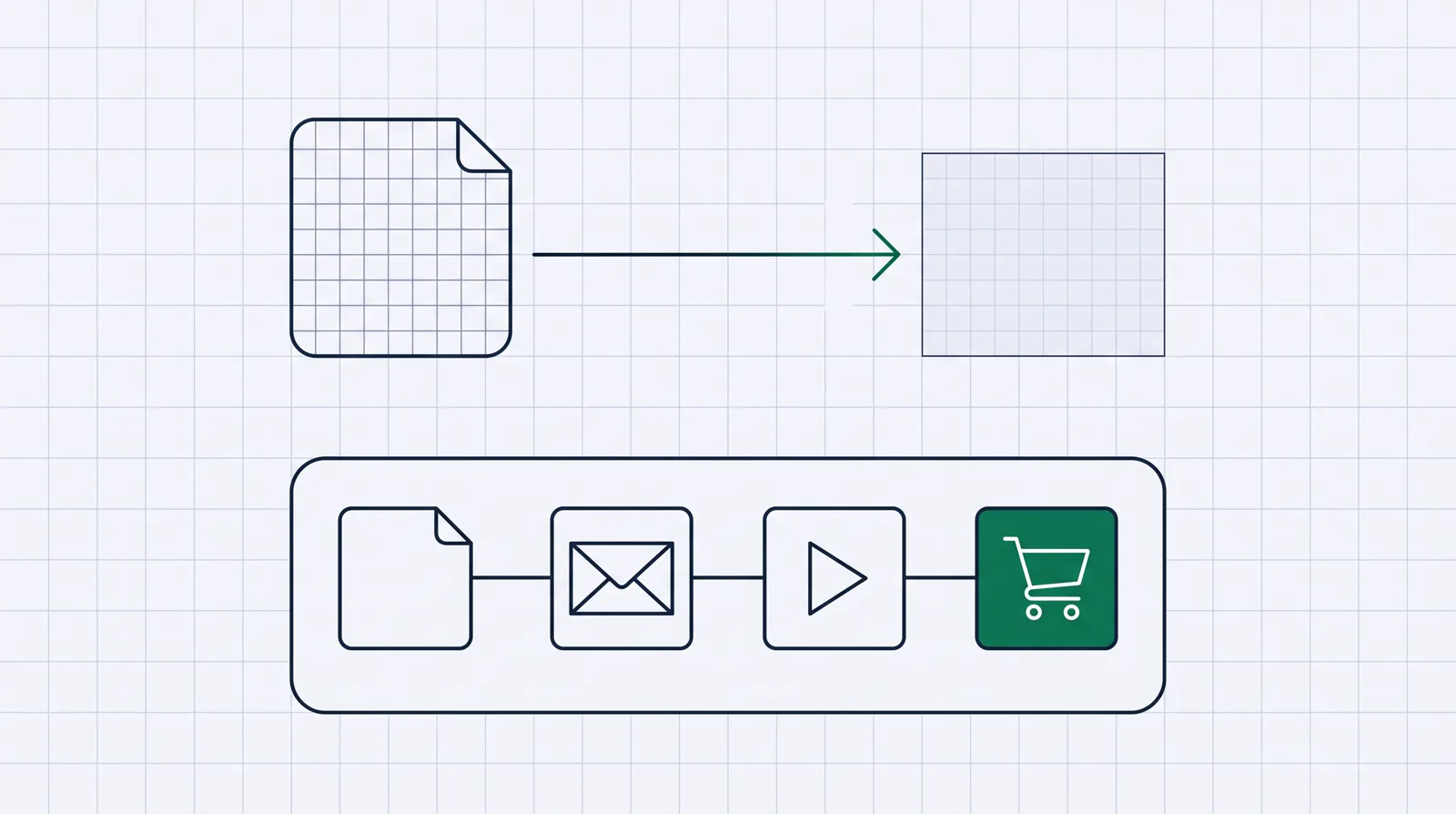 Top: a page that hands off to a separate box. Bottom: one container holding a page, an envelope, a course and a cart together.