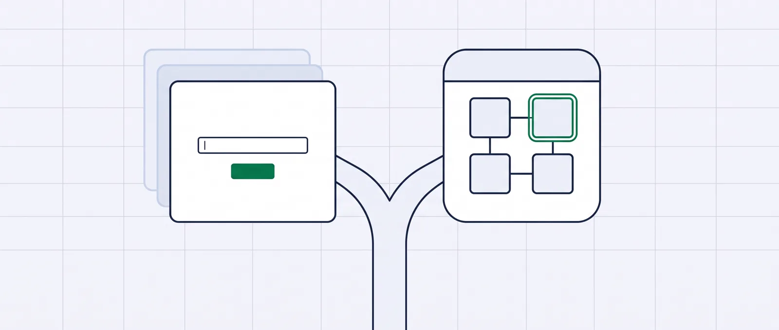 A path splitting two ways: on one side a single landing page with a form and split-test variants, on the other a single container holding four linked tiles.