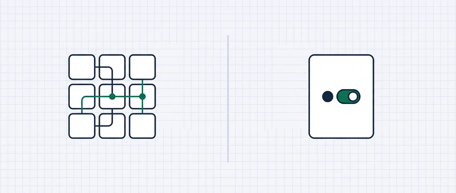 On the left, many connected tiles bundled into one block; on the right, a single standalone page card with a split toggle.