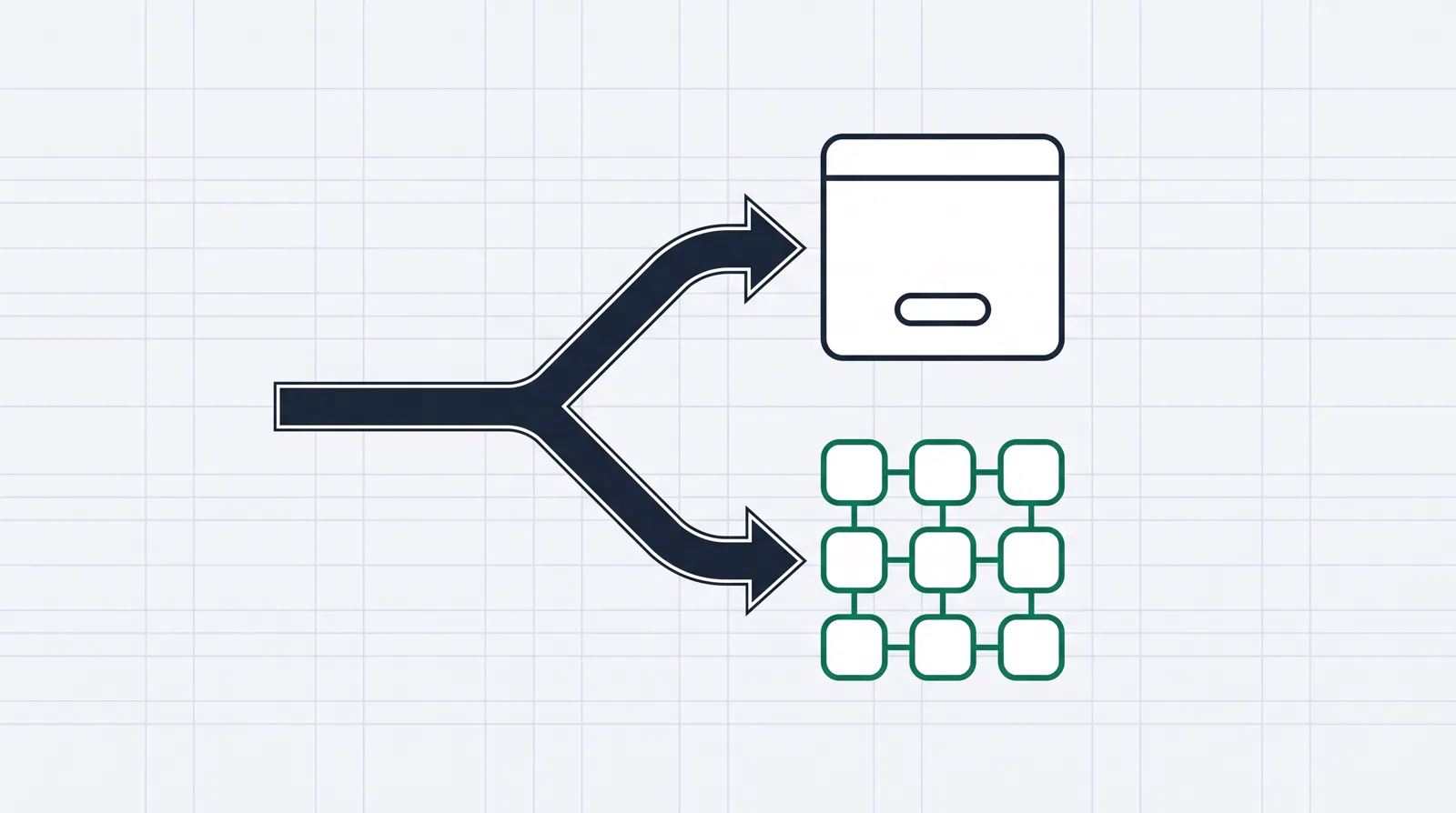 A decision fork splitting into two paths: one leads to a single landing page, the other to a grid of connected tiles representing a marketing platform.