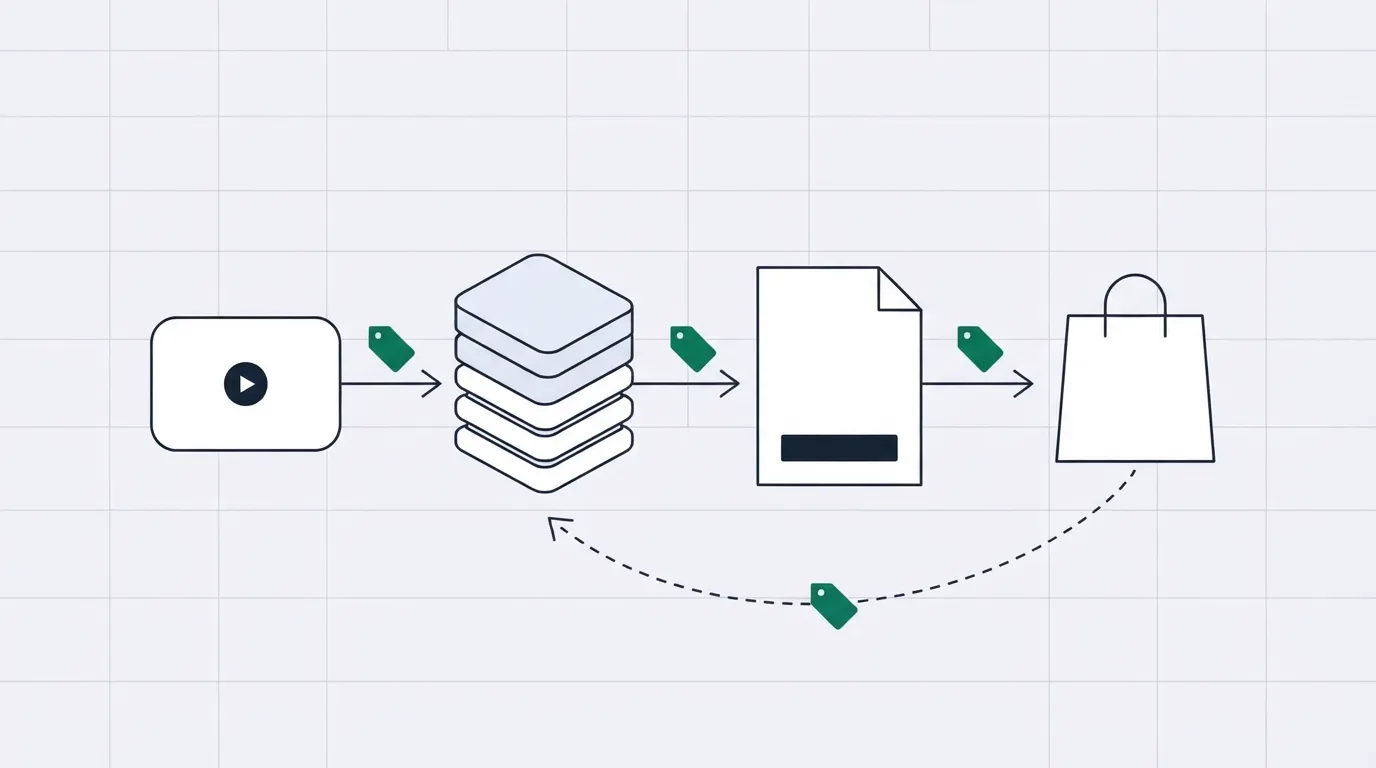 Diagram of a click moving from an ad through the tracker and landing page to the offer, with the same click ID tag on every step and a dashed postback line returning from the offer to the tracker.