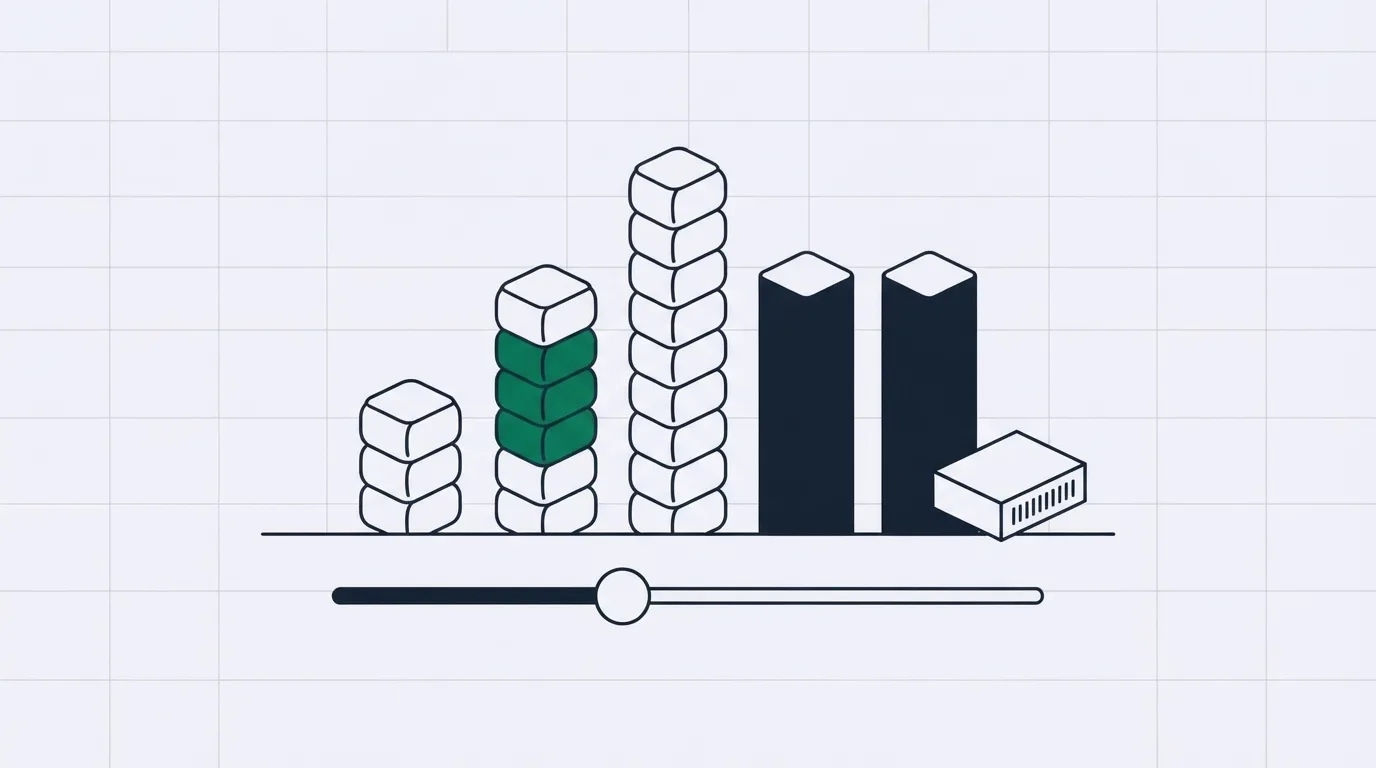 Bar chart sketch: three bars of stacked blocks growing with volume beside two flat solid bars with a small server box, over a slider track.