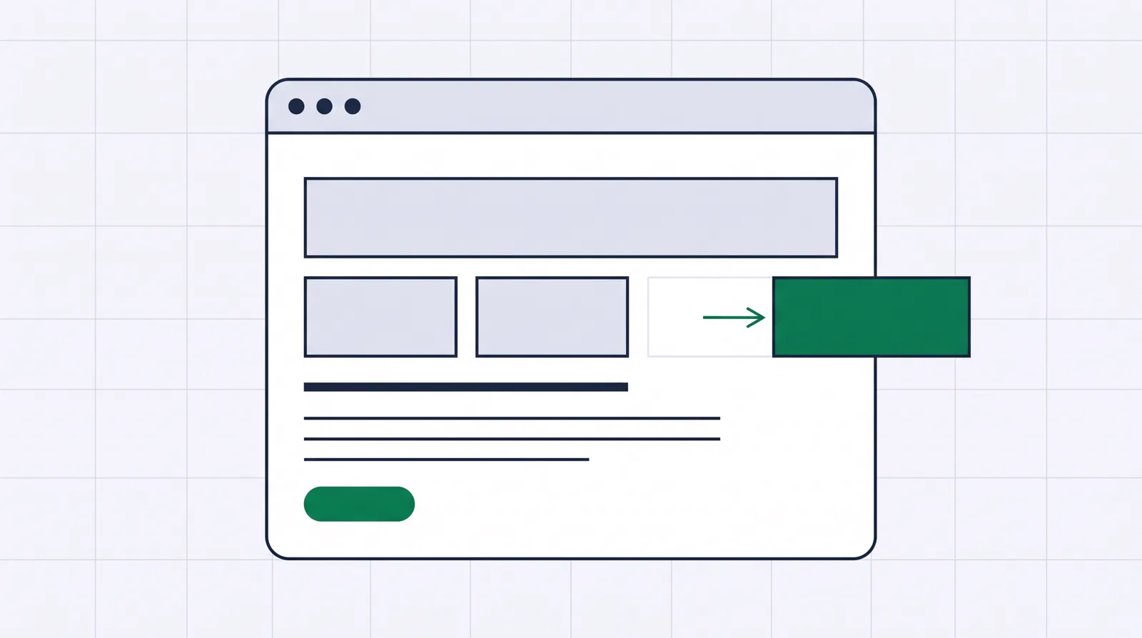 A browser frame holding a landing page built from stacked blocks, a green block sliding in and a green button, a page assembled from parts.