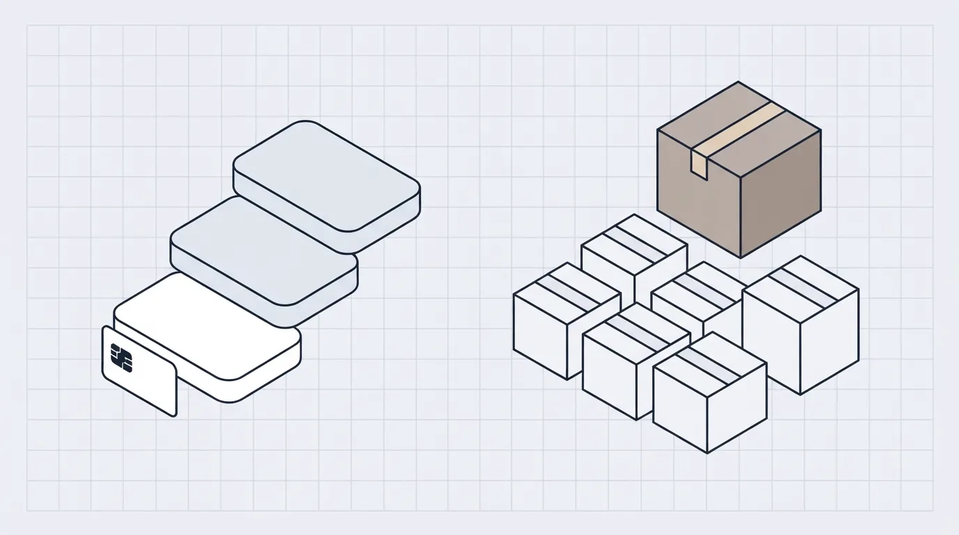 A short staircase of page cards ending in a checkout block, beside a grid of product boxes and a shipping carton.