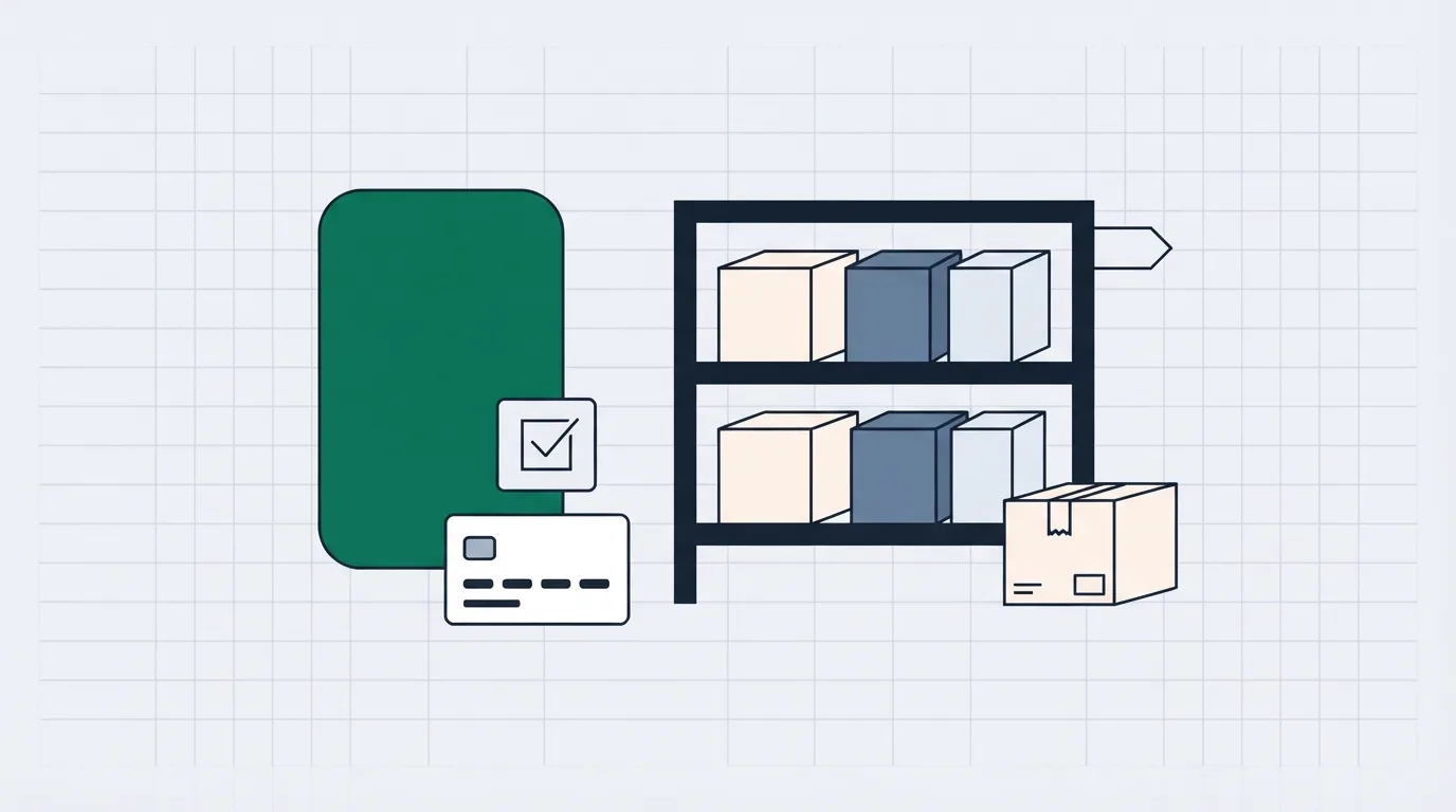 A single product card with a small checkbox add-on, beside a shelf of boxes and a shipping carton.