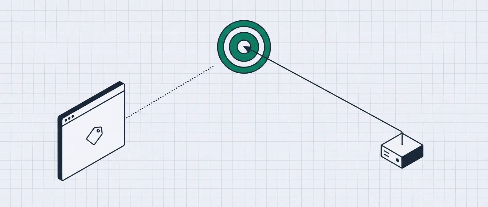 A browser window whose dotted signal line breaks off before reaching a receiving dish, beside a server box whose solid line arrives at the same dish