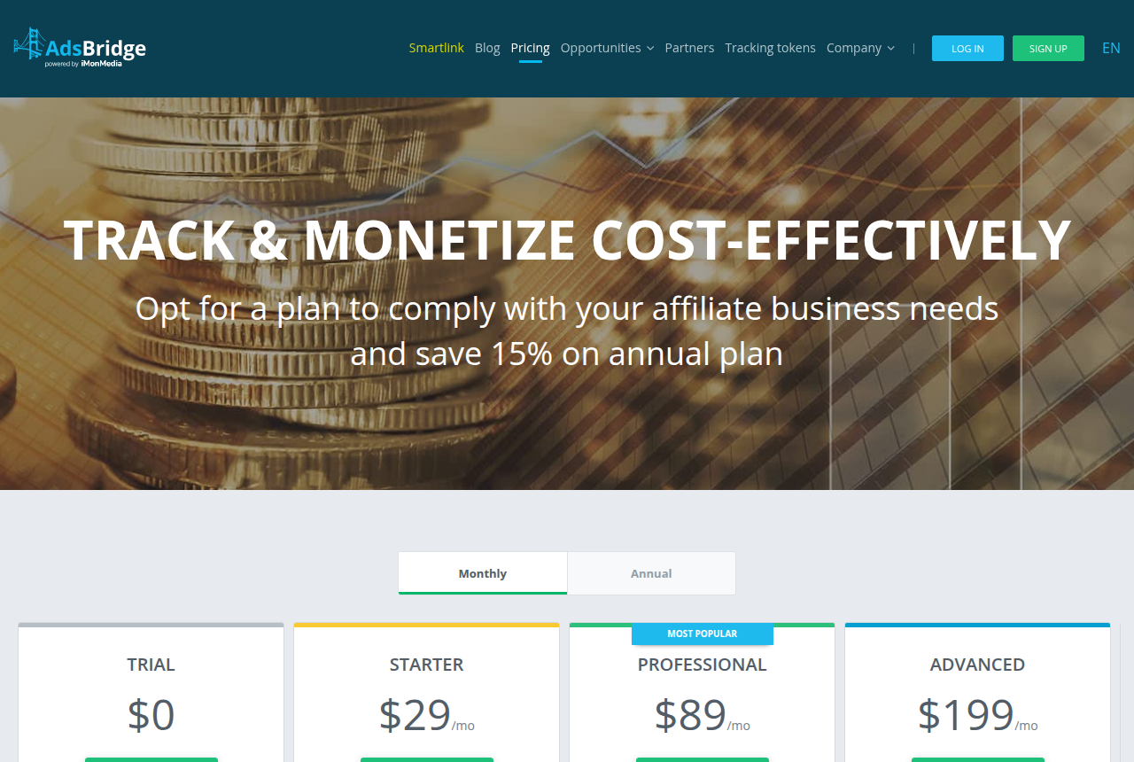 The AdsBridge home page, captured from the vendor's own site