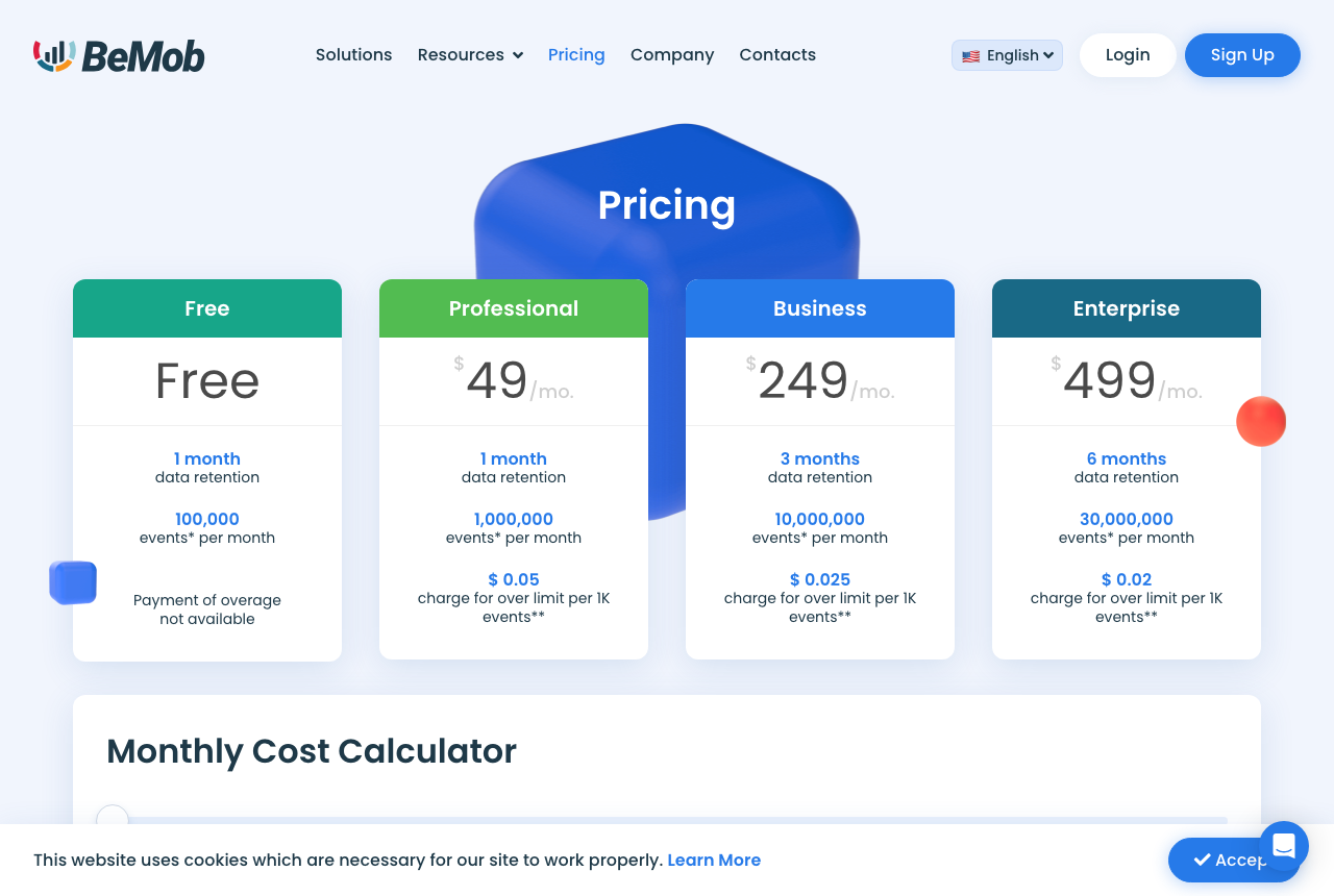BeMob pricing page showing a free plan alongside Professional, Business and Enterprise tiers with their monthly event limits and data retention