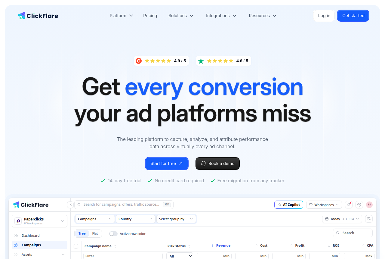 The ClickFlare home page, captured from the vendor's own site