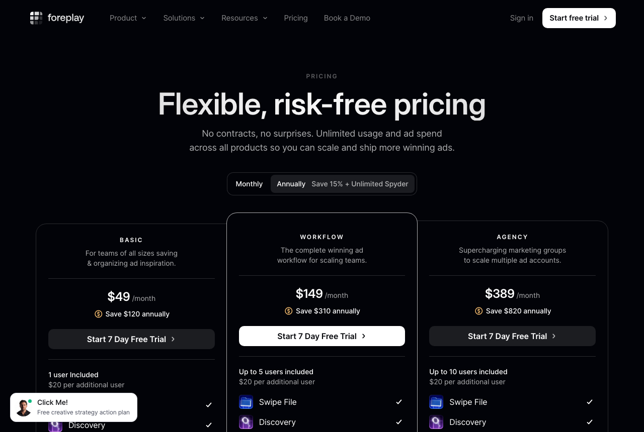 Foreplay pricing page showing Basic, Workflow and Agency plans with monthly prices and the number of seats each includes