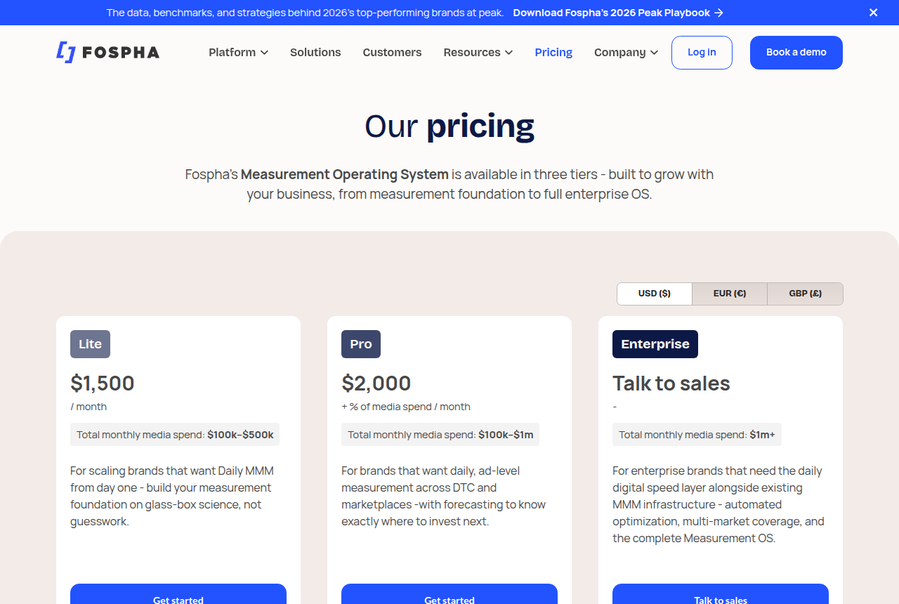 The Fospha pricing page, headed Our pricing, showing the Lite, Pro and Enterprise plans with their monthly media-spend bands, captured from the vendor's site