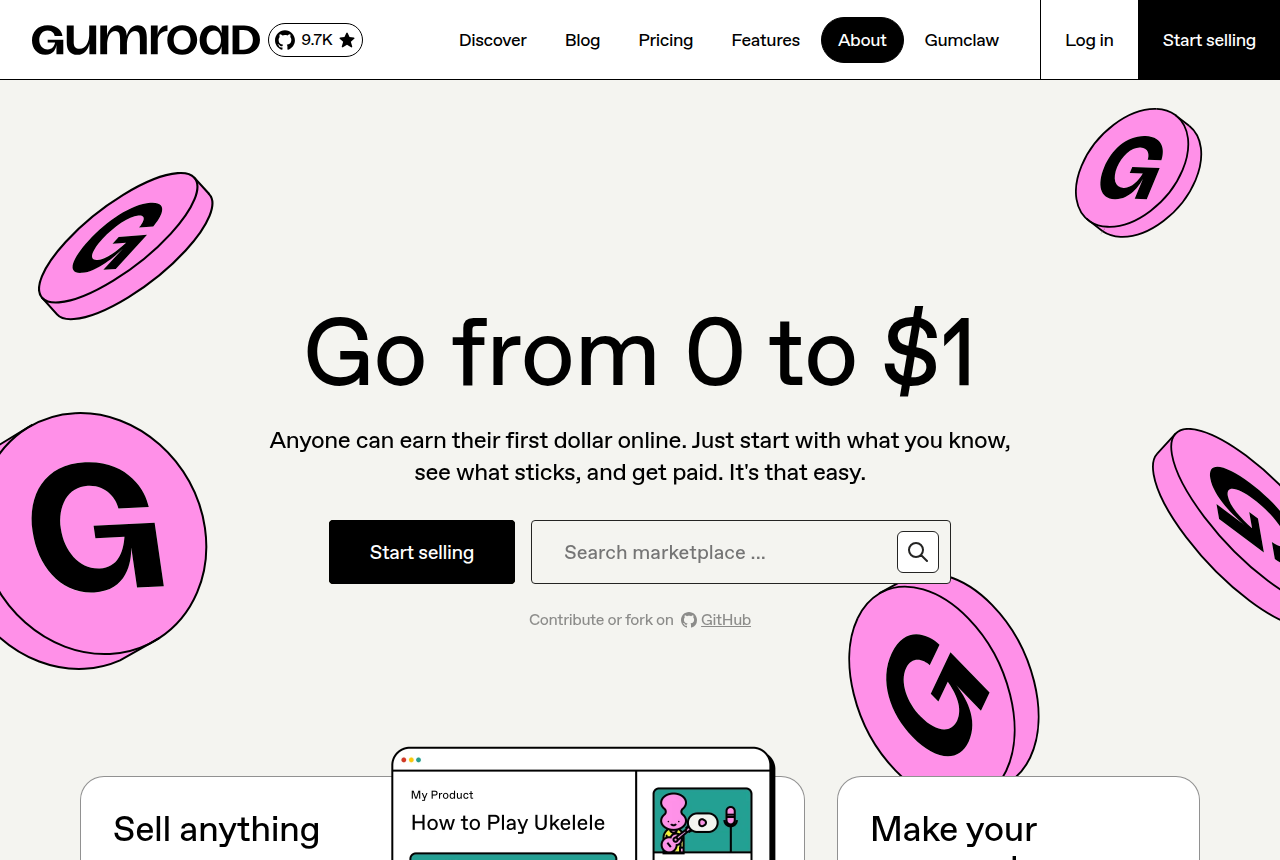 The Gumroad home page, the tool these alternatives replace