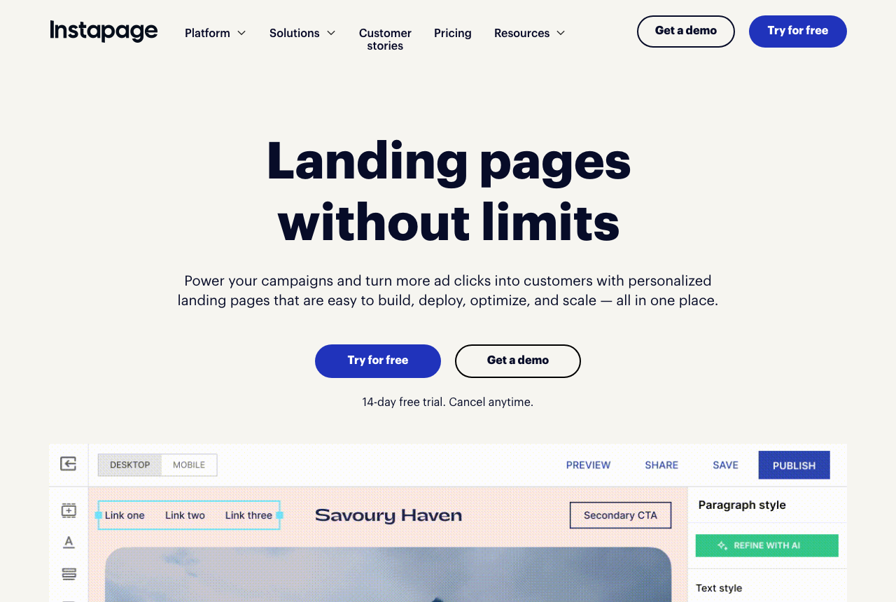 The Instapage editor building a landing page, with a style panel on the right and desktop and mobile preview toggles