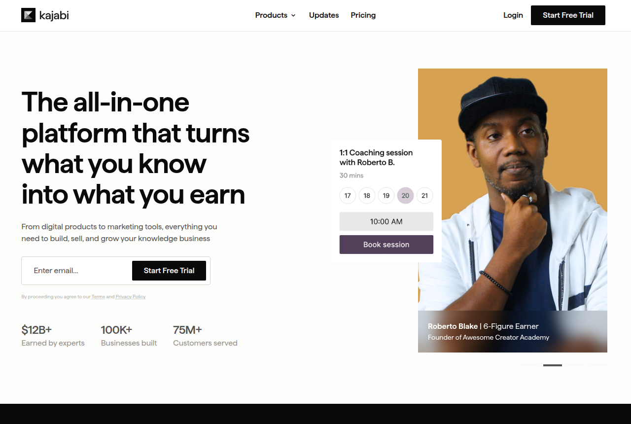 The Kajabi home page, captured from the vendor's own site
