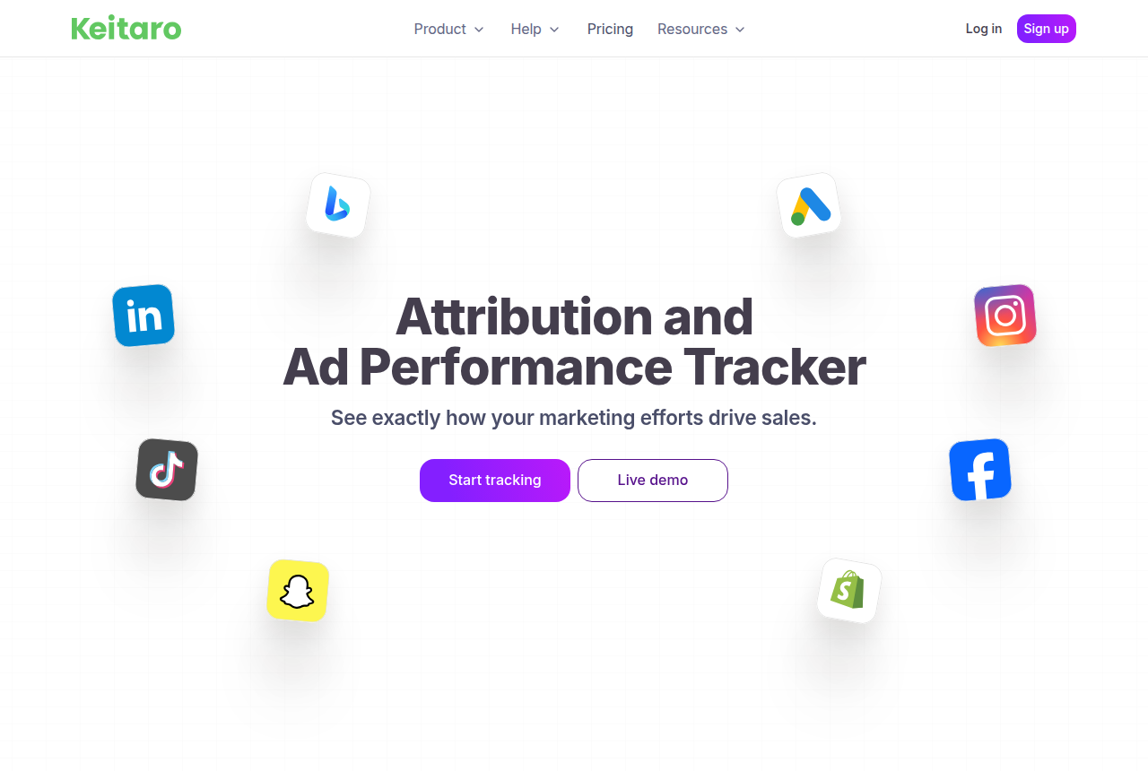The Keitaro home page on a white ground, headline 'Attribution and Ad Performance Tracker', with 'Start tracking' and 'Live demo' buttons.