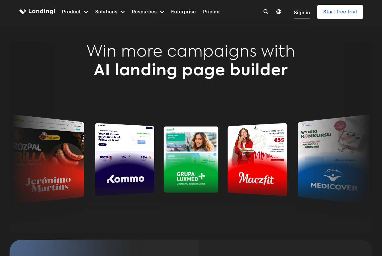 The Landingi home page, headlined AI landing page builder, captured from the vendor's own site
