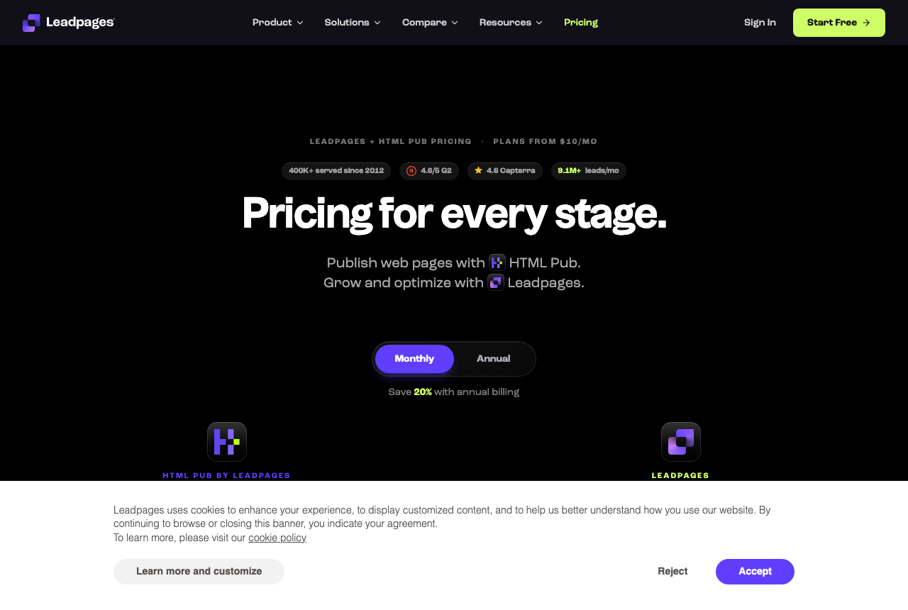 Leadpages pricing page header reading plans from 10 dollars a month, with a monthly and annual billing toggle