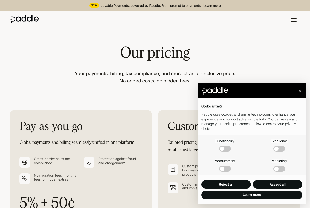Paddle pricing page showing a Pay-as-you-go plan and a Custom plan for larger sellers