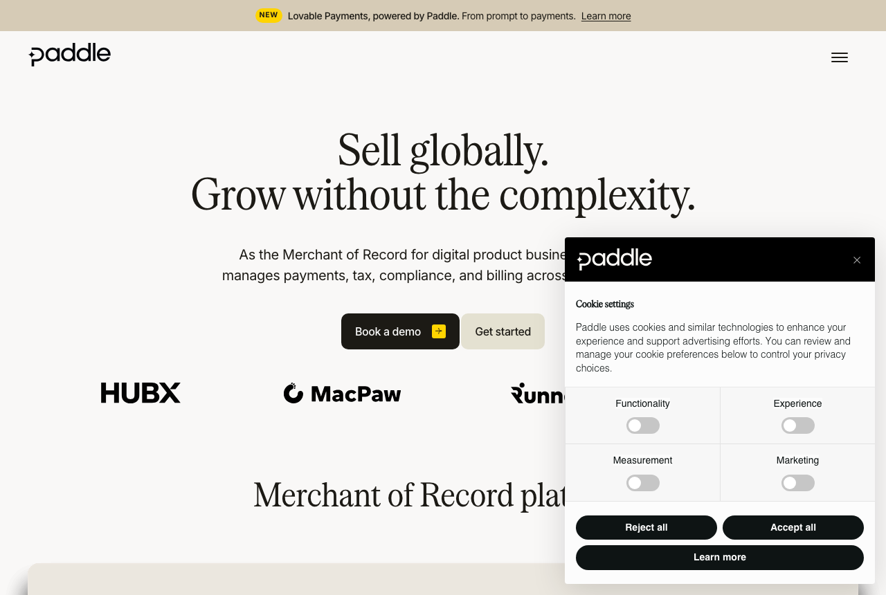 The Paddle home page, captured from the vendor's own site
