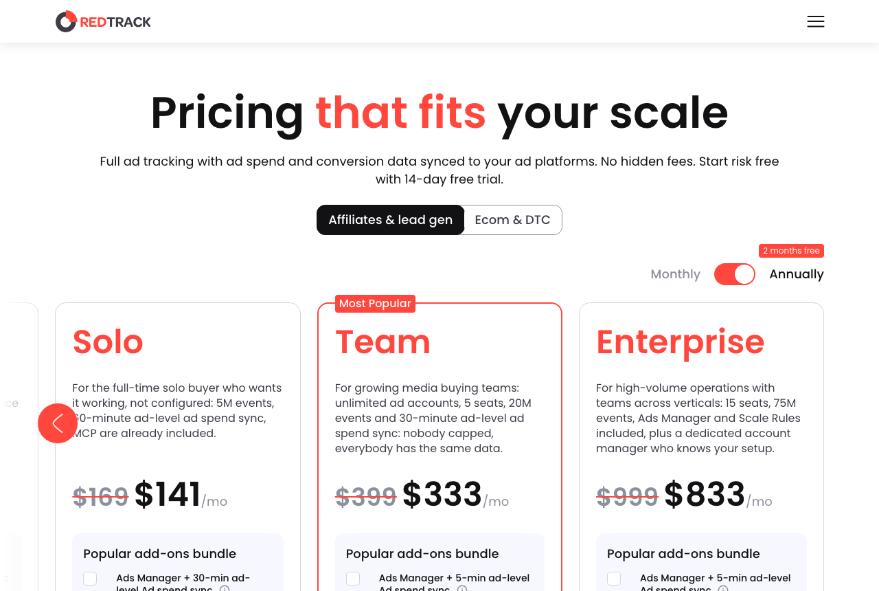 RedTrack pricing page showing Solo, Team and Enterprise plan cards with monthly prices and an add-ons bundle