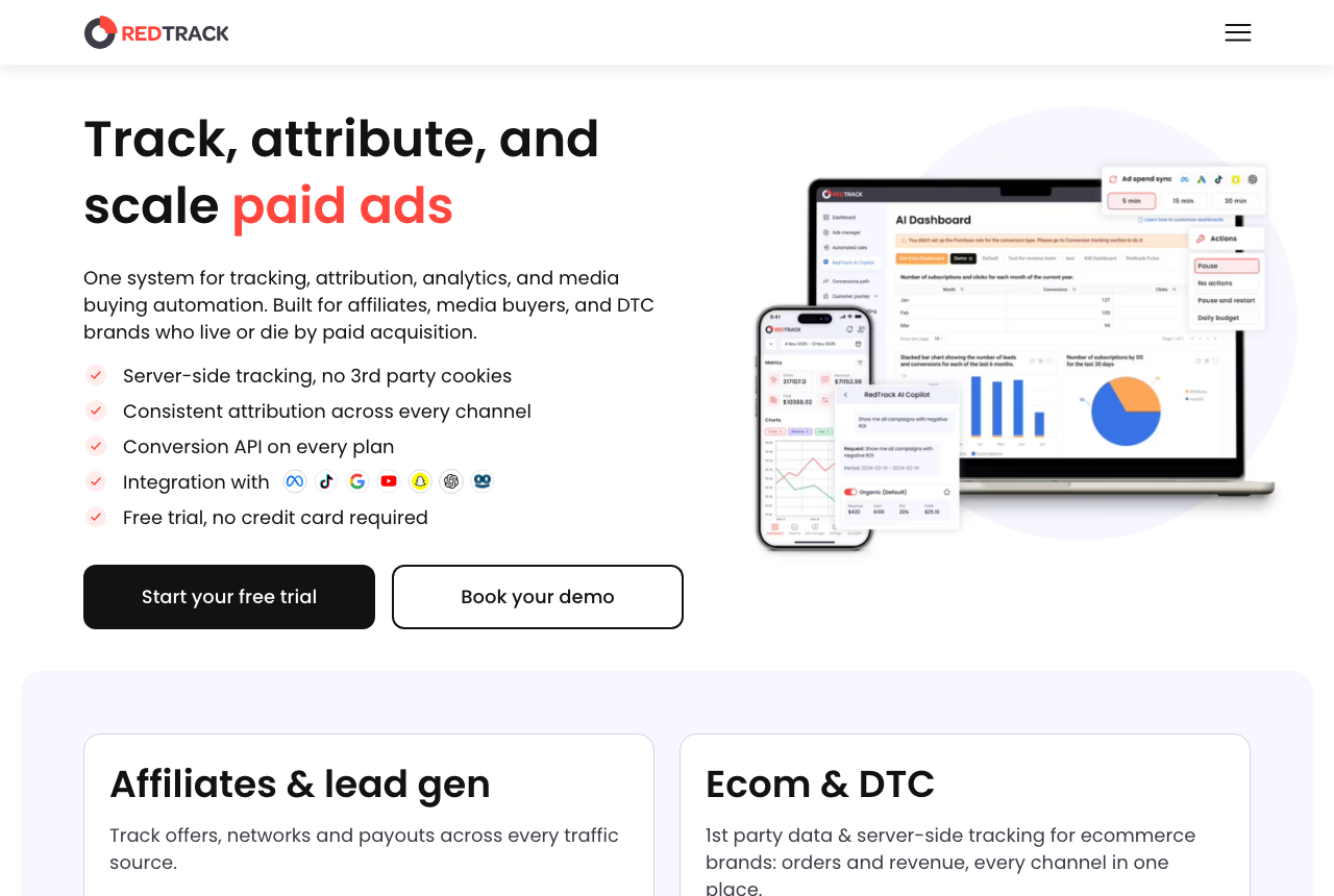 RedTrack's website showing its standalone conversion tracker for media buyers