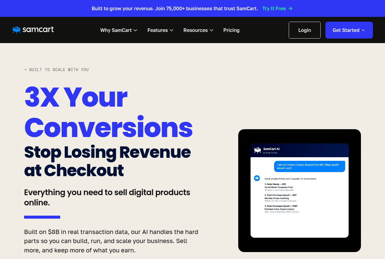 The SamCart home page, captured from the vendor's own site