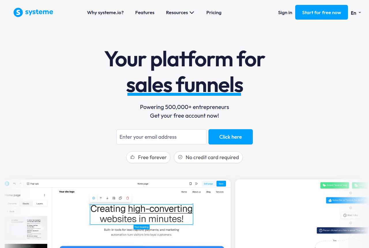 The Systeme.io home page, captured from the vendor's own site