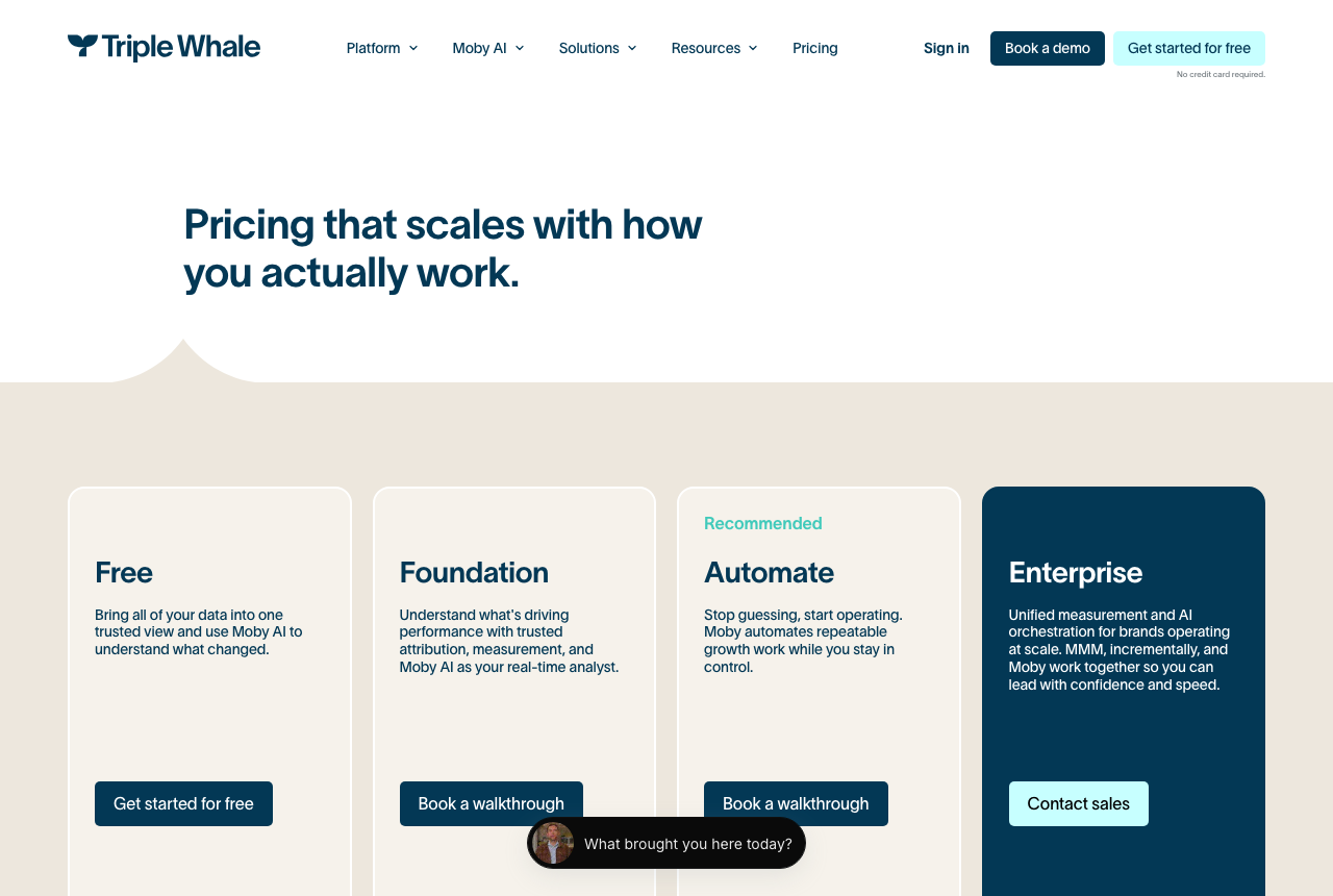 Attribution tool pricing page showing Free, Foundation, Automate and Enterprise plan tiers