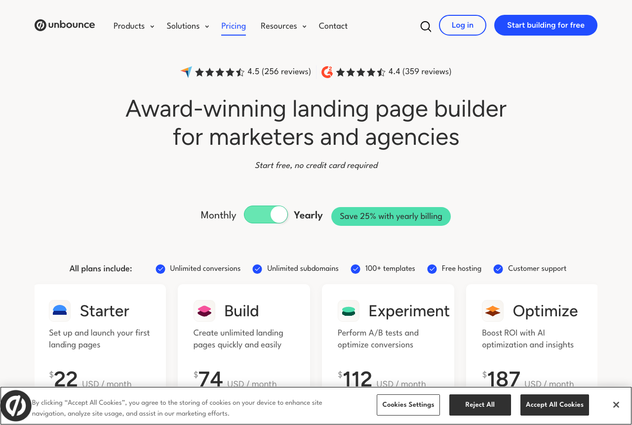 Unbounce pricing page showing Starter, Build, Experiment and Optimize plans with monthly prices