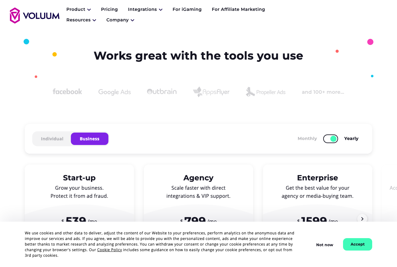 Voluum pricing page showing Start-up, Agency and Enterprise business plans with a monthly and yearly toggle