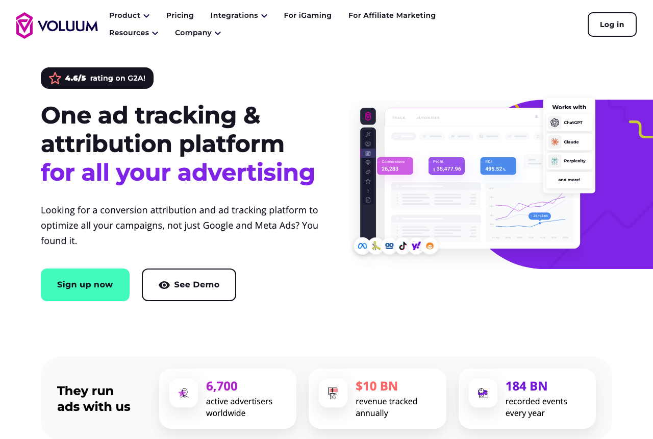 Voluum's website showing its cloud tracker for paid and native campaigns