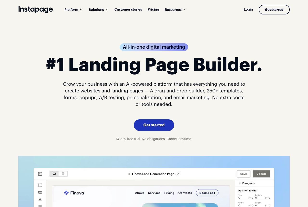 The Instapage home page, captured from the vendor's own site